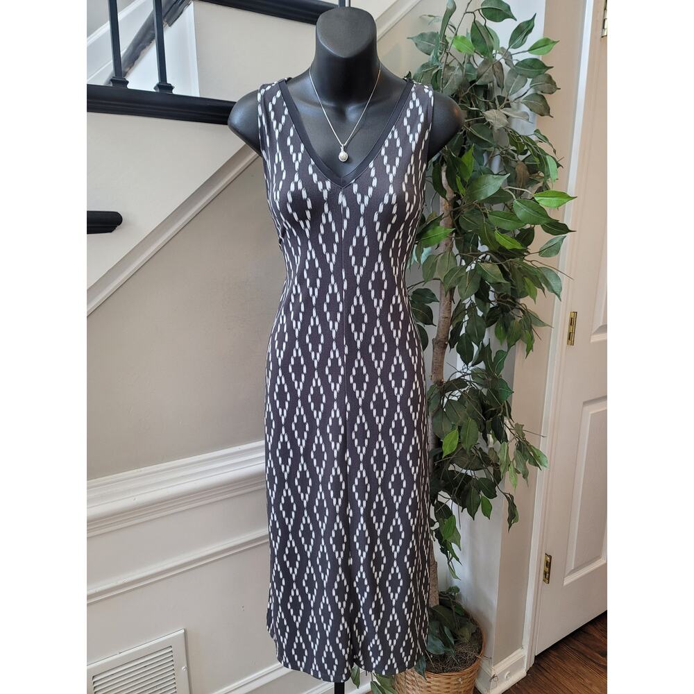 Banana Republic Midi Tank Dress Womens Small Black White Geometric V-Neck Casual